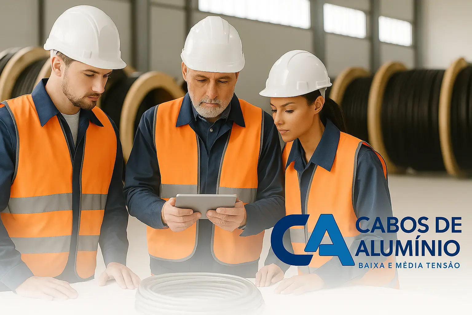 Equipe técnica no armazém com cabos de alumínio